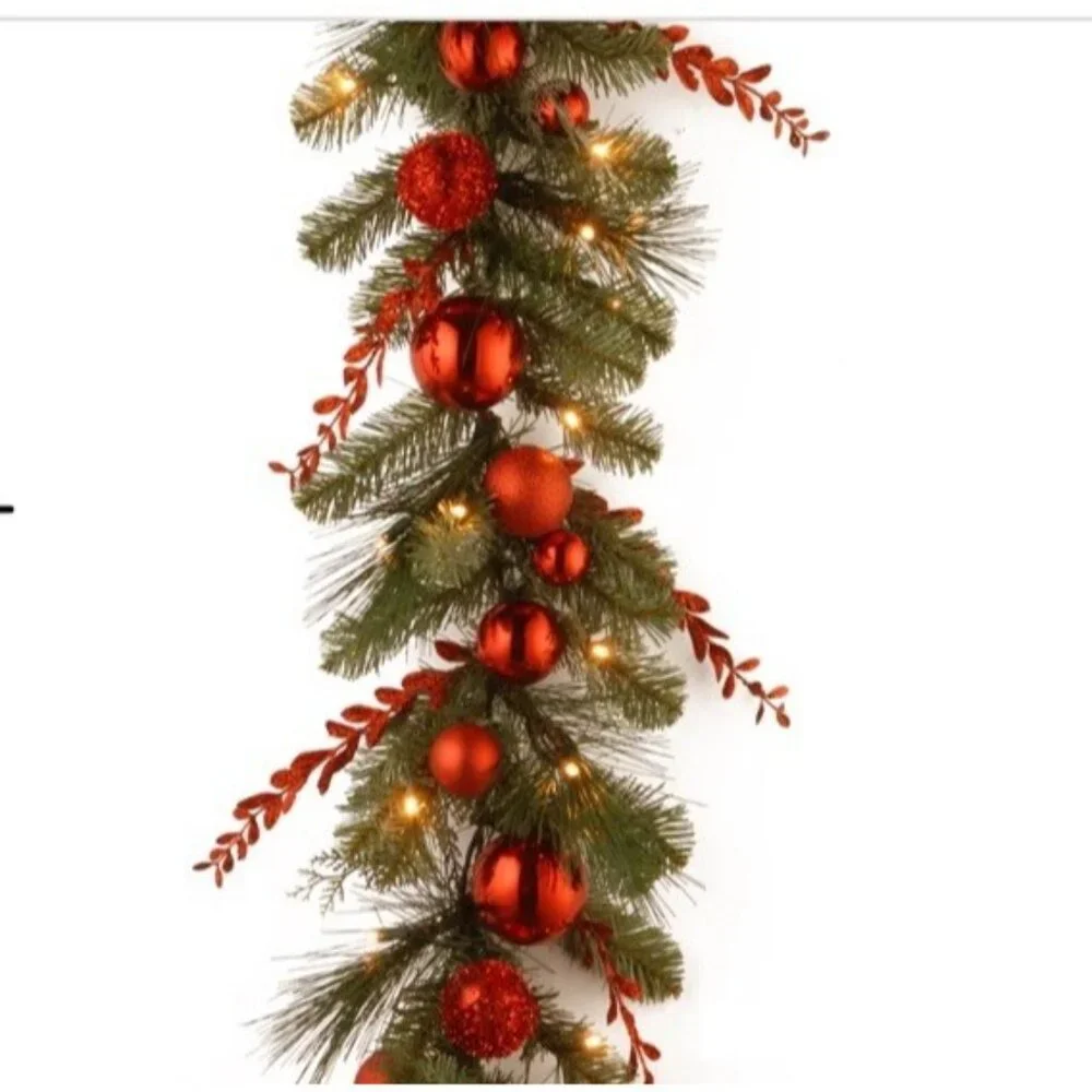 9ft x 12in Pre-Lit Battery Operated LED White Lights~ Red Mix Artificial Garland